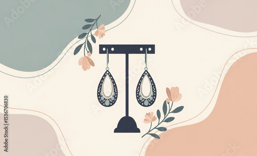 Elegant Silver Teardrop Earrings on Display with Floral Accents | Artistic Jewelry Illustration for Boutique Marketing and Fashion Blog Graphics