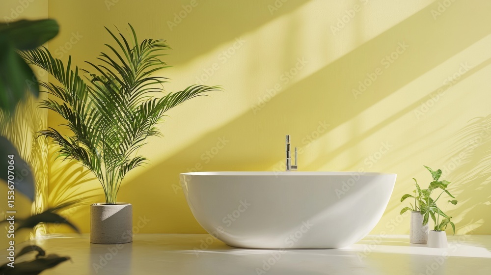 Minimalist bathroom sink and potted plant under sunlit window with clean white countertop modern zen aesthetic Minimalist bathroom sink and potted plant under sunlit window with clean white countertop modern zen aesthetic