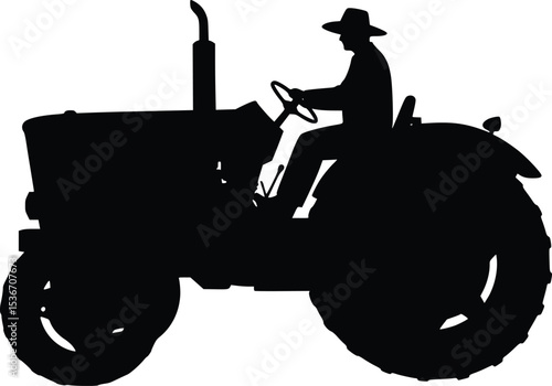 Silhouette illustration of a farmer on a tractor, symbolizing agriculture, rural life, and hard work