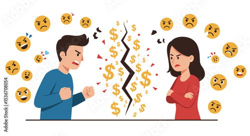 Angry couple arguing about money with emotional emojis