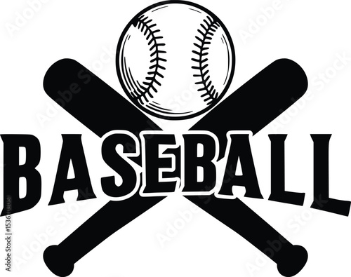 Simple black and white illustration of baseball with crossed bats, stitched ball, and bold uppercase lettering

