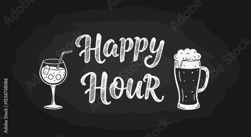 Happy Hour sign with cocktails and beer on black background