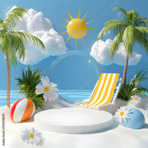Summer beach scene with deck chair and beach balls on white platform