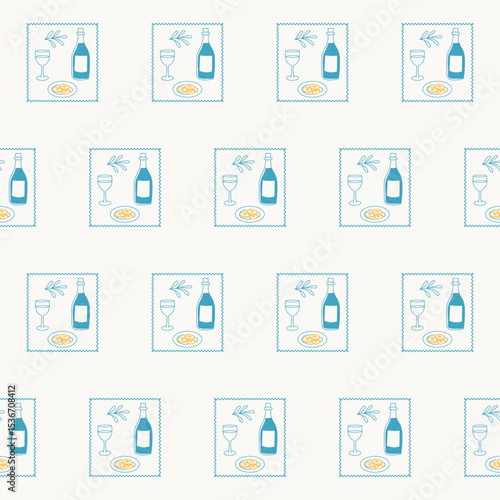 Seamless Wine Bottle Textile Print Pattern. Mediterranean Atmosphere. Travel Vacation Rest Theme. Summer Resort Fabric Swatch Doodle Line Art Hand Crafted Decoration. Simple Sketch Outline Drawing.