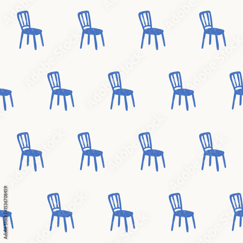 Seamless Chair Textile Print Pattern. Mediterranean Atmosphere. Travel and Vacation Rest Theme. Summer Resort Fabric Swatch Doodle Line Art 
 Hand Crafted Decoration. Simple Sketch Outline Drawing.