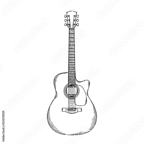 Illustration of an acoustic guitar in vintage stipple engraving style isolated on transparent background