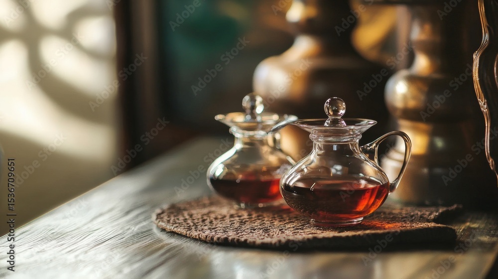 Fototapeta premium Teapot and glass cup with tea on rustic table in cozy home setting with vintage style scene