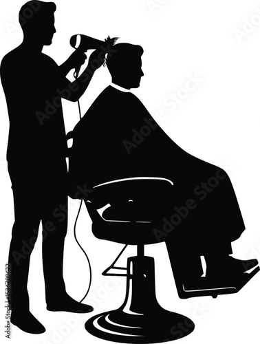 Silhouette illustration of a barber and client in a traditional haircutting scene at a barbershop