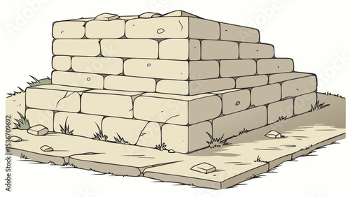 weathered stone structure sits on grassy area, showcasing its ancient design and texture