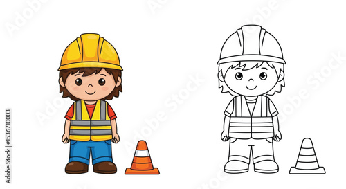 Child Construction Worker Coloring Page Colored and Outline Figures Building Fun