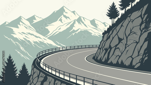 Winding asphalt road with metal railing curves through mountainous landscape, evoking adventure