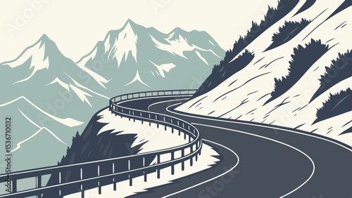 Winding asphalt road with metal railing curves through mountainous landscape, evoking adventure