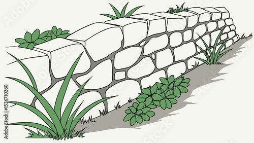 Stone wall made of irregularly shaped stones, surrounded by green plants, creates natural look