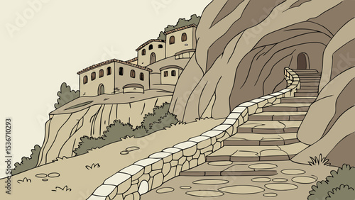 stone pathway winds through hillside town, leading to cave entrance
