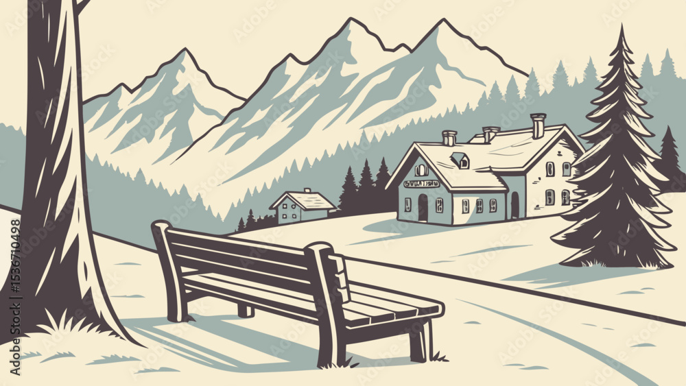 Fototapeta premium snow dusted wooden bench overlooks serene mountain landscape with cozy cabin