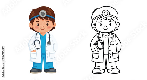Child Doctor Coloring Page with Colored and Outline Figures Healthcare Hero Fun