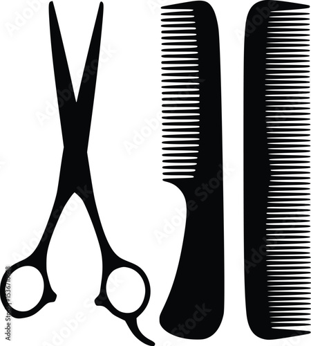 Professional hair-cutting scissors and combs vector silhouette for salon and barber shop designs

