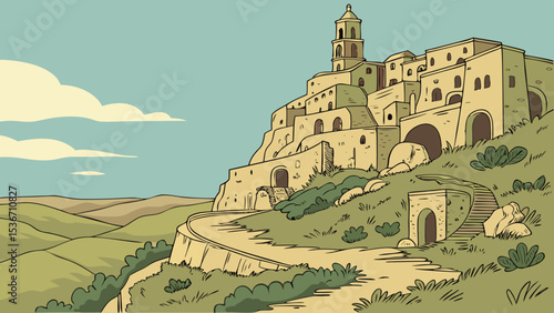 Scenic illustration of historic hillside village with stone buildings and winding path