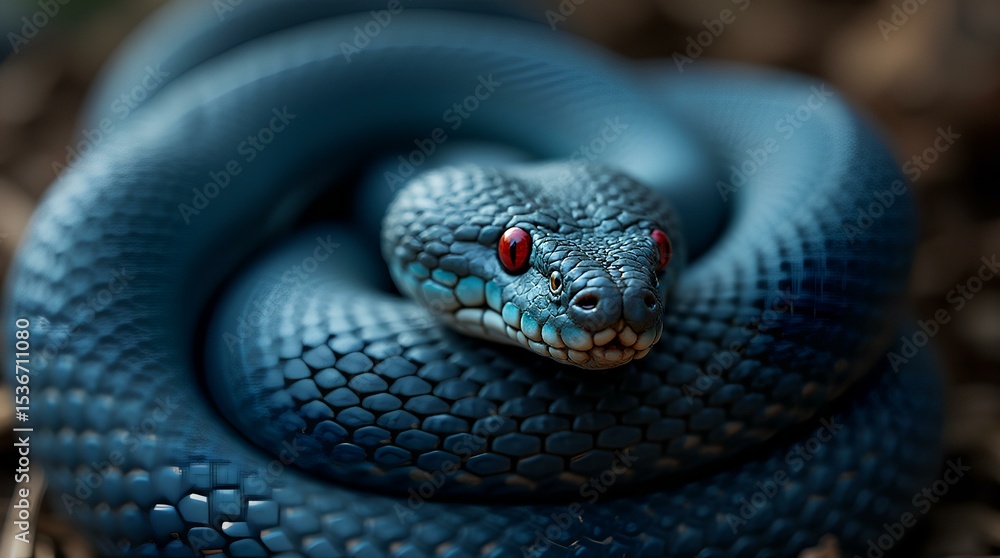 Fototapeta premium Coiled Snake Close-up with Red Eyes and Blue Scale Detail,snake, staring, reptile, animal, scaled, tongue, eye, 