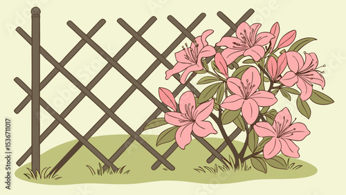 Beautiful lattice fence with pink flowers, creating serene garden scene
