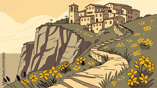 Hillside town is nestled into steep cliff, surrounded by flowers