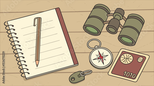 Flat lay photograph shows notebook, pencil, binoculars, compass, and card, evoking adventure
