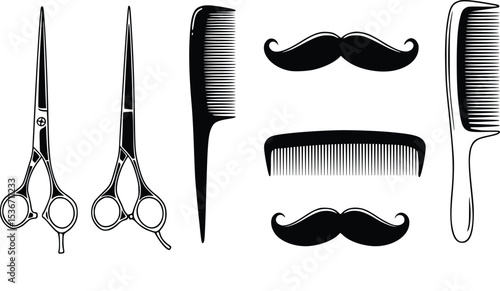 Silhouette illustration featuring scissors, multiple combs, and mustache shapes for barber and grooming services