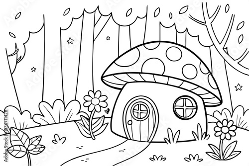 coloring book page of a whimsical mushroom house in the forest, with a round door and windows, surrounded by glowing fireflies and large, simple flowers, clean and thick lines, fantasy theme for kids