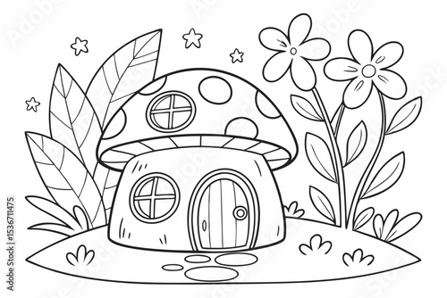 coloring book page of a whimsical mushroom house in the forest, with a round door and windows, surrounded by glowing fireflies and large, simple flowers, clean and thick lines, fantasy theme for kids