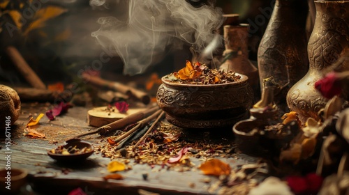 Incense smoke rising in mystical vintage setting with herbs and spices for spiritual ritual scene
