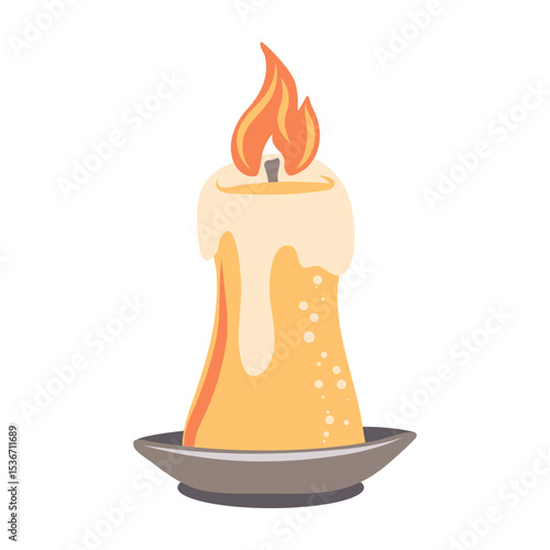 Hand drawn burning candle from paraffin wax. Decorative design element. Vector illustration