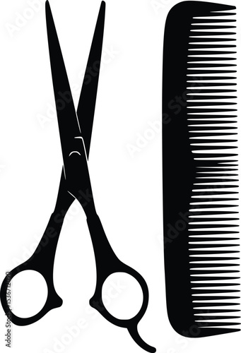 Silhouette illustration of scissors and comb together symbolizing hair care, grooming, and beauty services