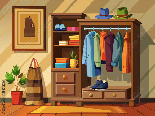 vector of Wooden shoe rack with drawers and clothes hangers for the entrance of the house.