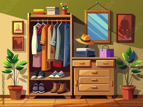 vector of Wooden shoe rack with drawers and clothes hangers for the entrance of the house.