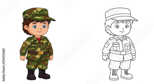 Child Soldier Coloring Page with Colored and Outline Uniforms Future Patriot Fun