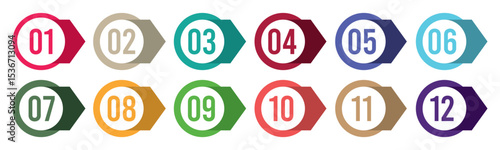Colorful number bullet point 1 to 12 flat vector set.