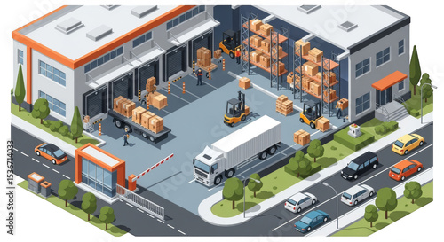 Isometric warehouse bustling with logistics activity