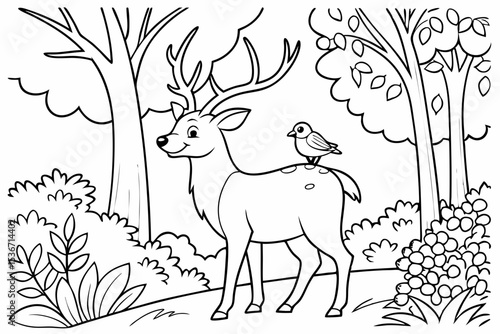 Wallpaper Mural coloring page of a friendly deer with large antlers, standing among tall trees and bushes with berries, a small bird is perched on its back, thick bold lines, simple for kids Torontodigital.ca