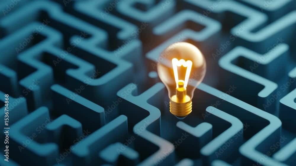 Glowing light bulb in blue maze symbolizes creativity, innovation, and problem solving with bright ideas and inspiration for effective solutions in complex environments