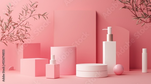 Wallpaper Mural Pink and white cosmetic bottles with spheres for skincare beauty minimal modern product display scene Torontodigital.ca