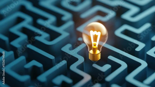 Glowing light bulb in blue maze symbolizes creativity, innovation, and problem solving with bright ideas and inspiration for effective solutions in complex environments