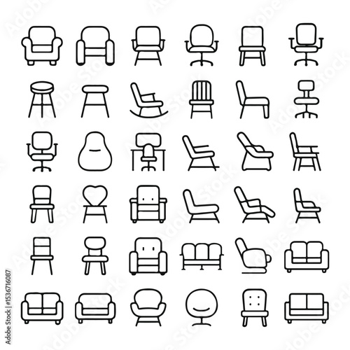 Chair Icons Pack – Minimal Line Style Furniture and Seating Symbol Set

