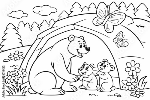 coloring page of a happy bear family, a papa bear, a mama bear, and a baby bear, sitting in front of a simple cave, surrounded by big flowers and friendly butterflies, thick bold lines, simple for kid