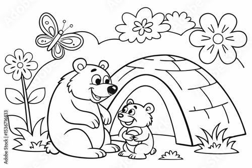 coloring page of a happy bear family, a papa bear, a mama bear, and a baby bear, sitting in front of a simple cave, surrounded by big flowers and friendly butterflies, thick bold lines, simple for kid