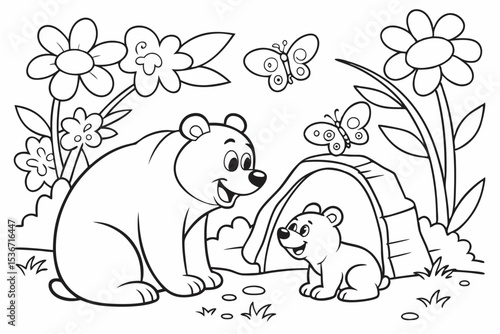 coloring page of a happy bear family, a papa bear, a mama bear, and a baby bear, sitting in front of a simple cave, surrounded by big flowers and friendly butterflies, thick bold lines, simple for kid