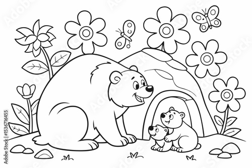 coloring page of a happy bear family, a papa bear, a mama bear, and a baby bear, sitting in front of a simple cave, surrounded by big flowers and friendly butterflies, thick bold lines, simple for kid