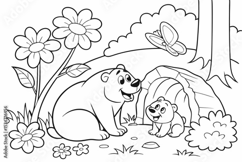 coloring page of a happy bear family, a papa bear, a mama bear, and a baby bear, sitting in front of a simple cave, surrounded by big flowers and friendly butterflies, thick bold lines, simple for kid