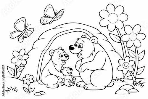 coloring page of a happy bear family, a papa bear, a mama bear, and a baby bear, sitting in front of a simple cave, surrounded by big flowers and friendly butterflies, thick bold lines, simple for kid