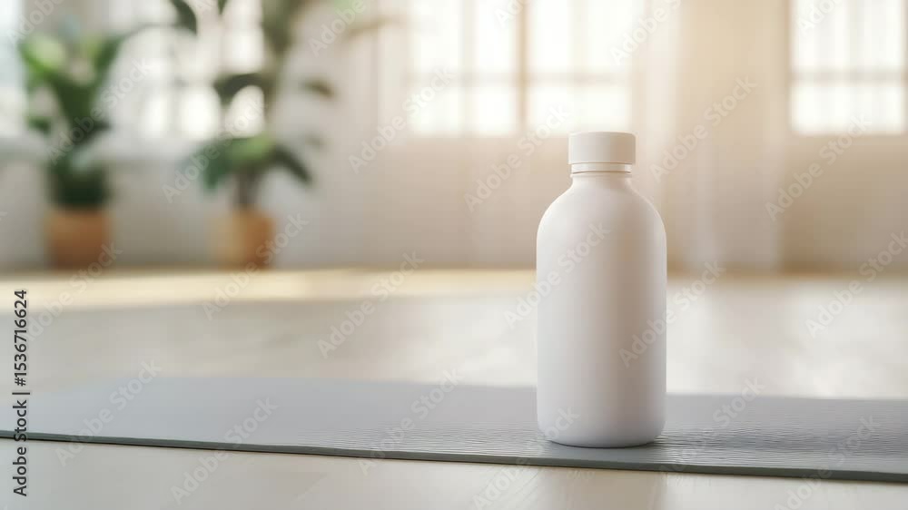 White plastic bottle stands on yoga mat in bright room with sunlight through window, surrounded by plants, creating calm and peaceful atmosphere for wellness and relaxation