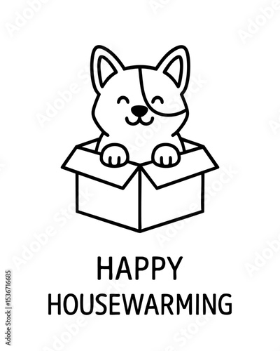 Black and white vector illustration of a happy puppy sitting in a moving box with the phrase Happy Housewarming. Perfect for cards, social media, decor, gift tags and housewarming celebration designs
